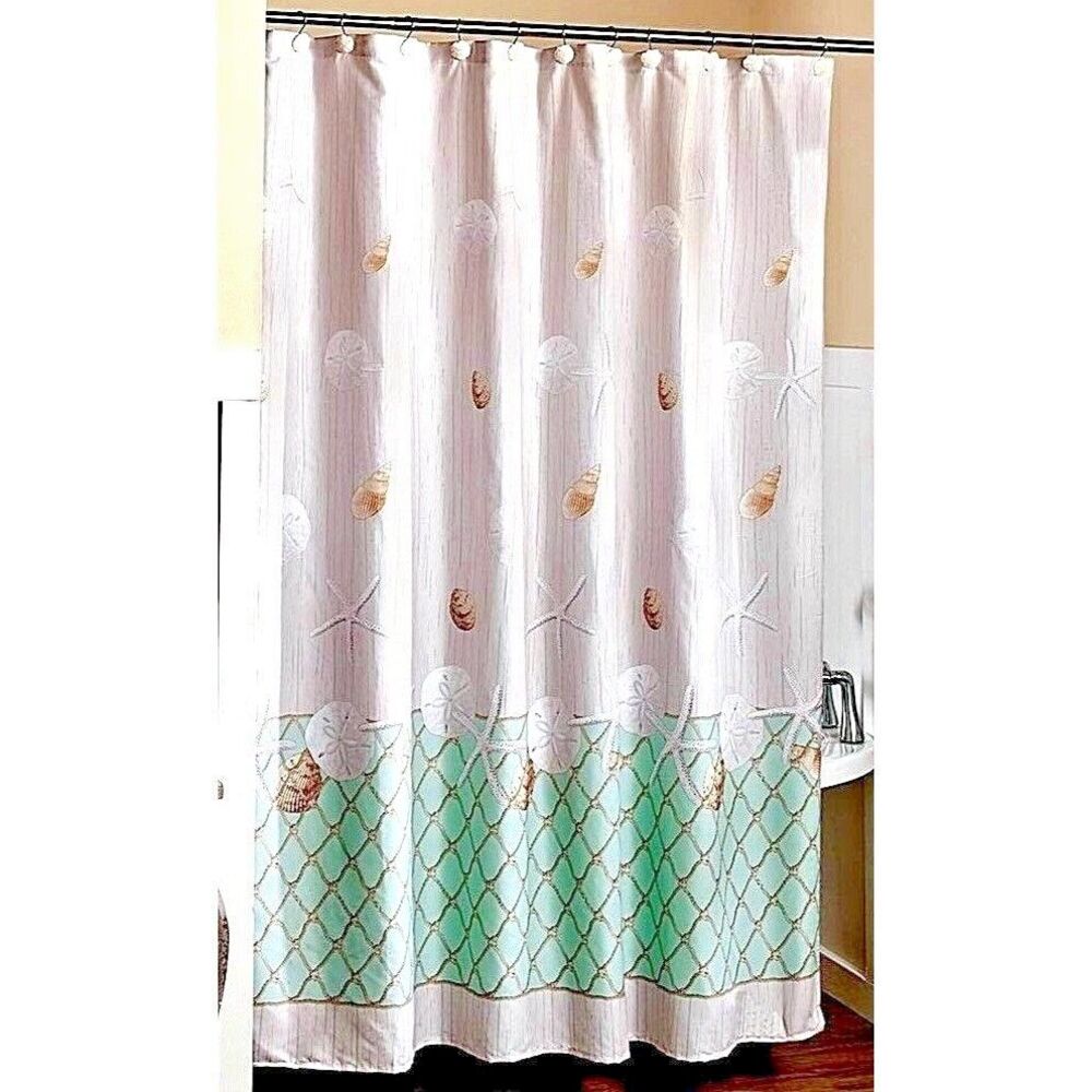 Nantucket Shower Curtain Fishing Net Design Nautical Ocean Beach Teal Polyester